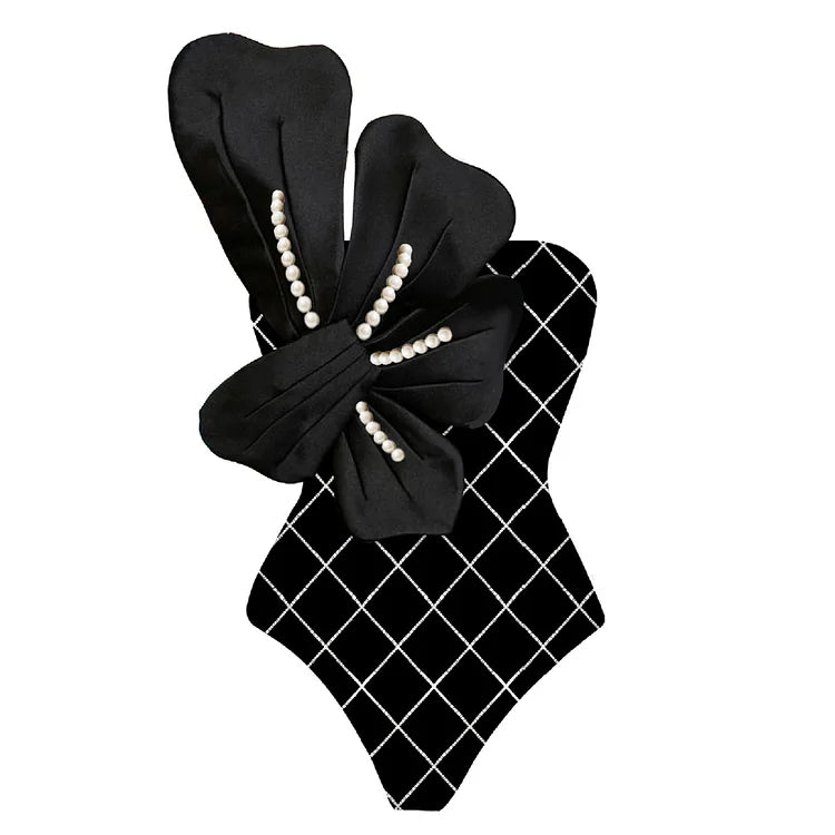 Maillot de bain une pièce asymétrique à fleurs et perles 3D 