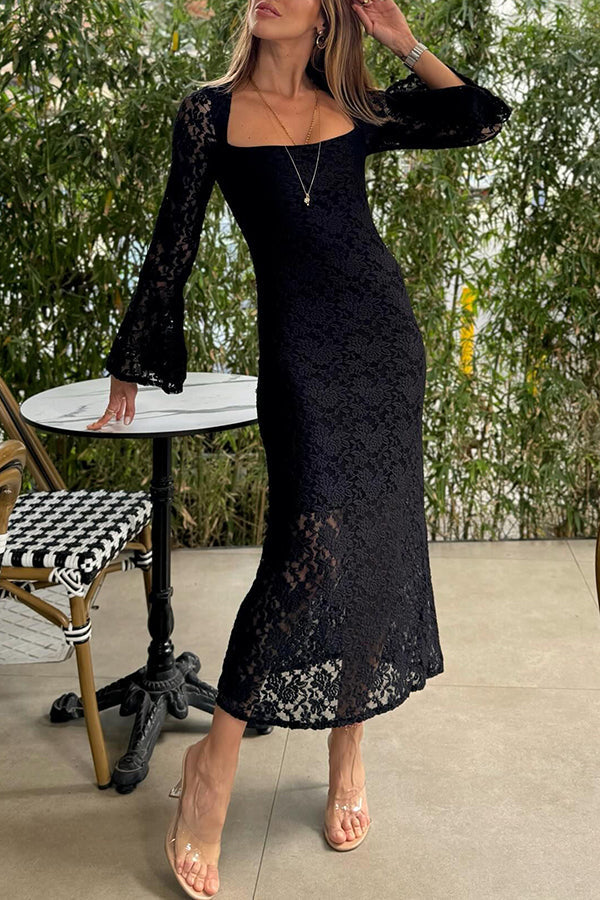 Robe mi-longue fendue doublée à manches cloche et col carré en dentelle de style de vie luxueux 