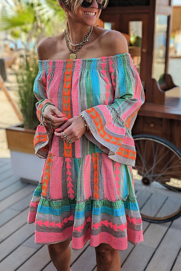 Robe courte ample à épaules dénudées et imprimé ethnique en lin mélangé Friendly Shores