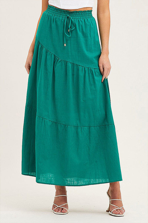Solid color cotton and linen elastic waist pleated skirt