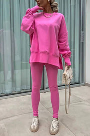 Solid Color Loose Long Sleeve SlitSweatshirt and Elastic Waist Tight Pants Set