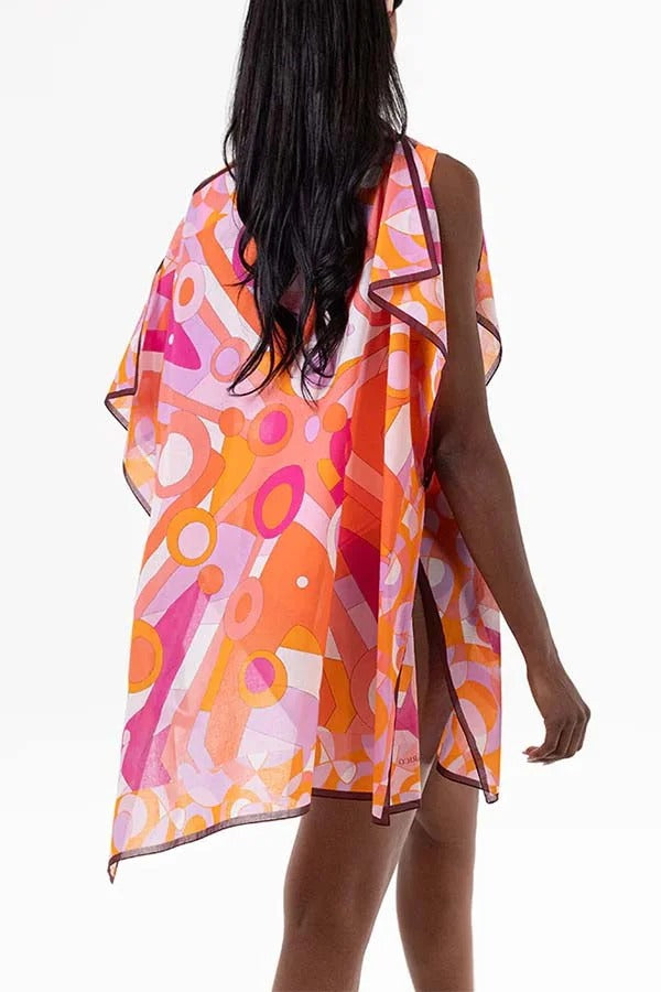 Colorful Circle Unique Print One Shoulder Button Detail Loose Cover-up Mini Dress