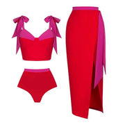 Sling Color Block Bikini Swimsuit and Skirt