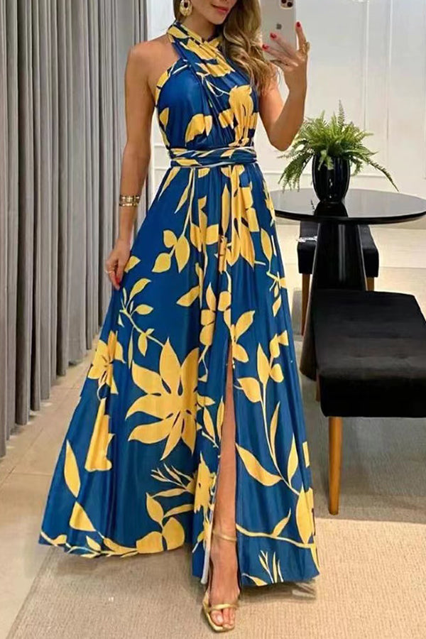 Sexy One Shoulder Sleeveless Printed Long Dress With Split Back