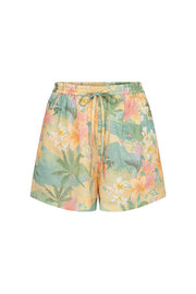 Breeze Hawaii Linen Blend Tropical Plants Printed Blouse and Elastic Waist Pocketed Shorts Set