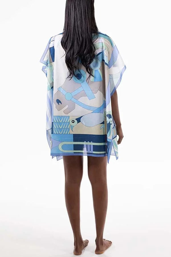 Horse Island Tulle Unique Print One Shoulder Button Detail Loose Cover-up Mini Dress