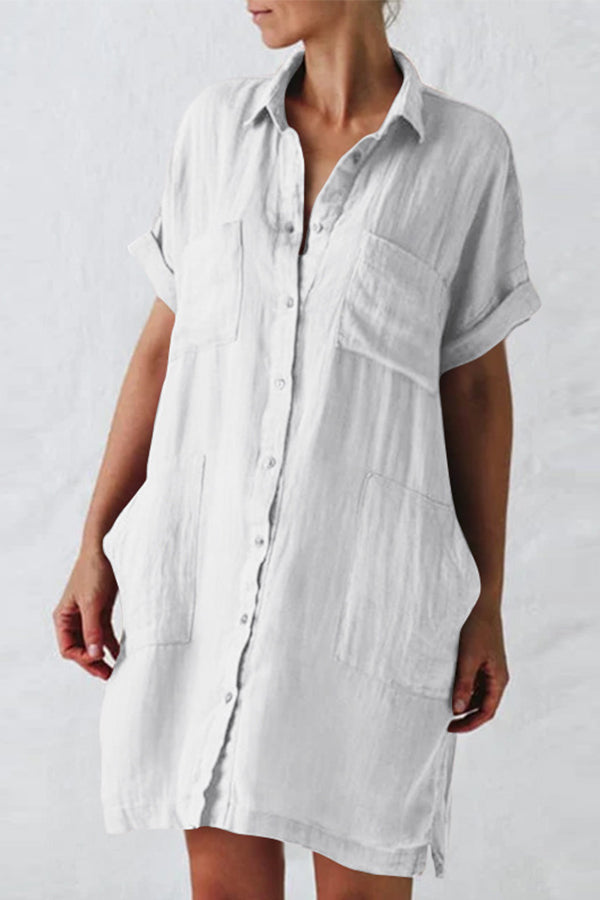 Cotton Linen Long Sleeve Irregular Pocket Dress Shirt Dress