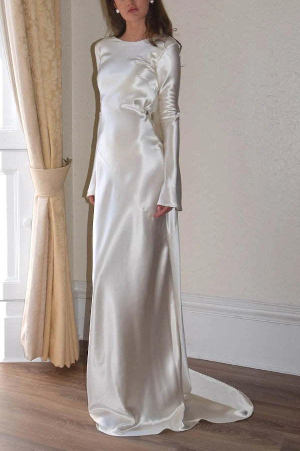 Robe longue en satin à col bénitier et dos ouvert Pearl Eden 