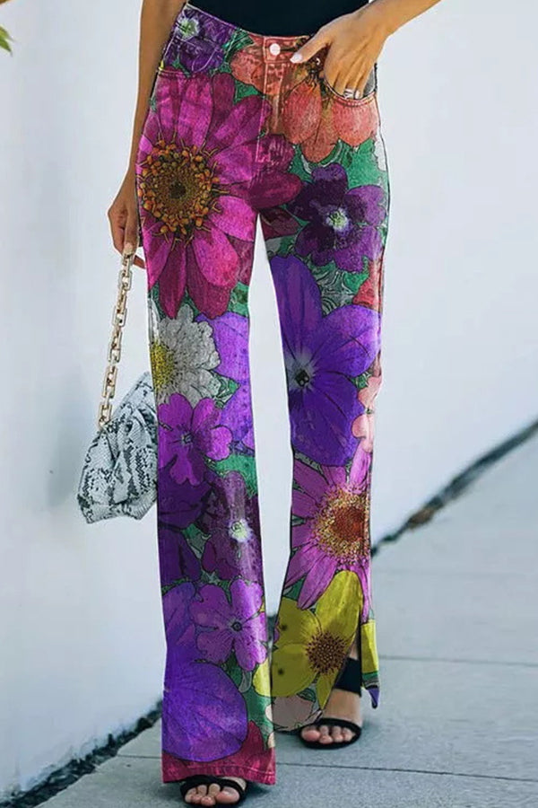 On A Drive Printed Faux Denim High Rise Flare Pants