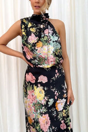 Wine Country Dates Floral Halter Neck Elastic Waist Maxi Dress