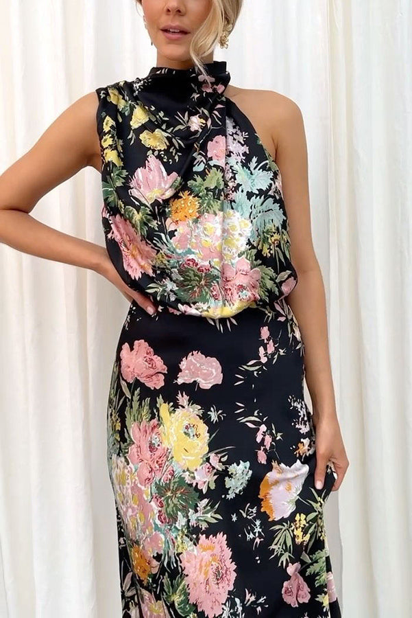 Wine Country Dates Floral Halter Neck Elastic Waist Maxi Dress