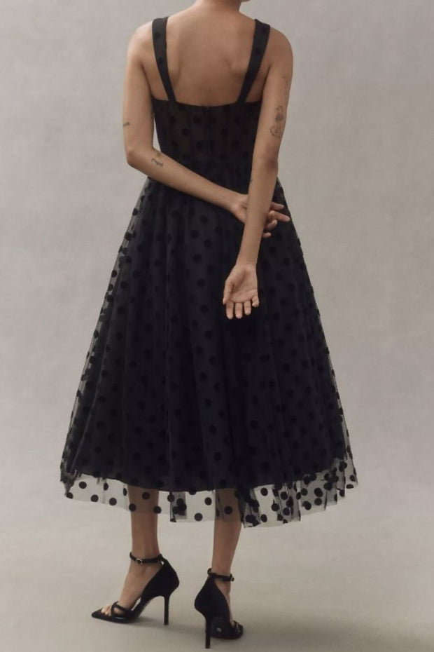 Perfect Guest Tulle Polka Dot Sweetheart Bustier A-Line Midi Dress