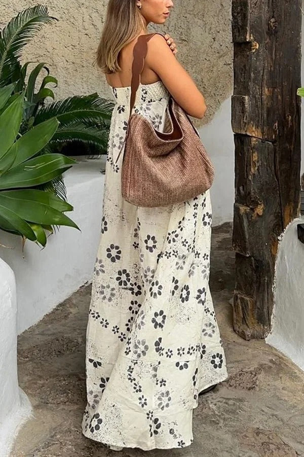 Robe longue dos nu à bretelles et imprimé floral en mélange de lin