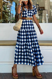 Blue Plaid V-Neck All-Match Slim Dress