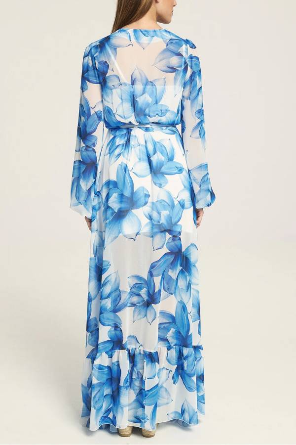Island Girl Floral Print V-neck Long Sleeve Tie Slit Holiday Maxi Dress