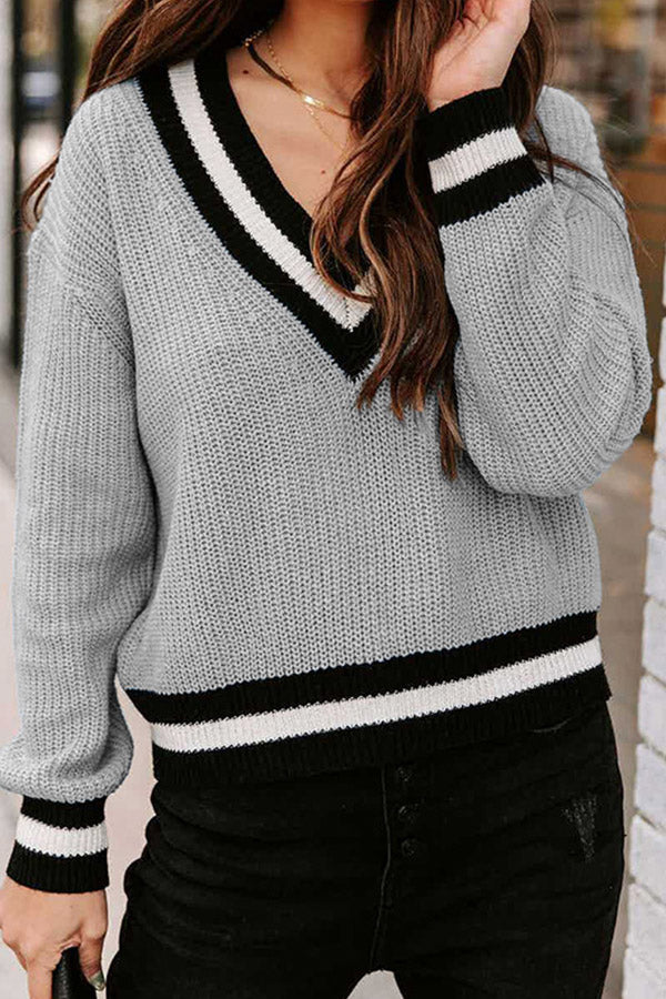 V-neck long-sleeved color-block sweater