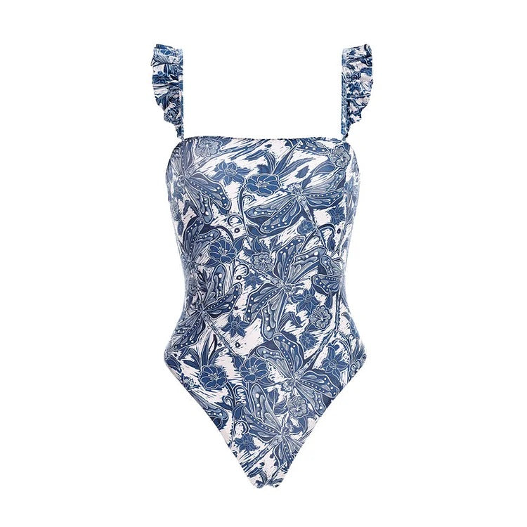 swimgirls – Bedruckter, blauer Badeanzug mit Rüschenträgern und Rock 