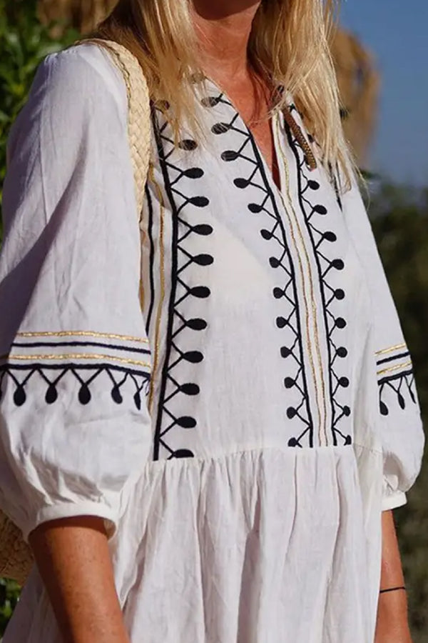 V-Neck Casual Loose Embroidered Mid-Sleeve Midi Dress