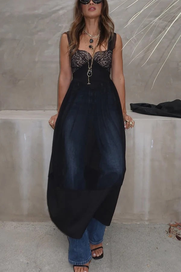 Romantic and Modern Lace Tulle Patchwork Waisted Midi Dress