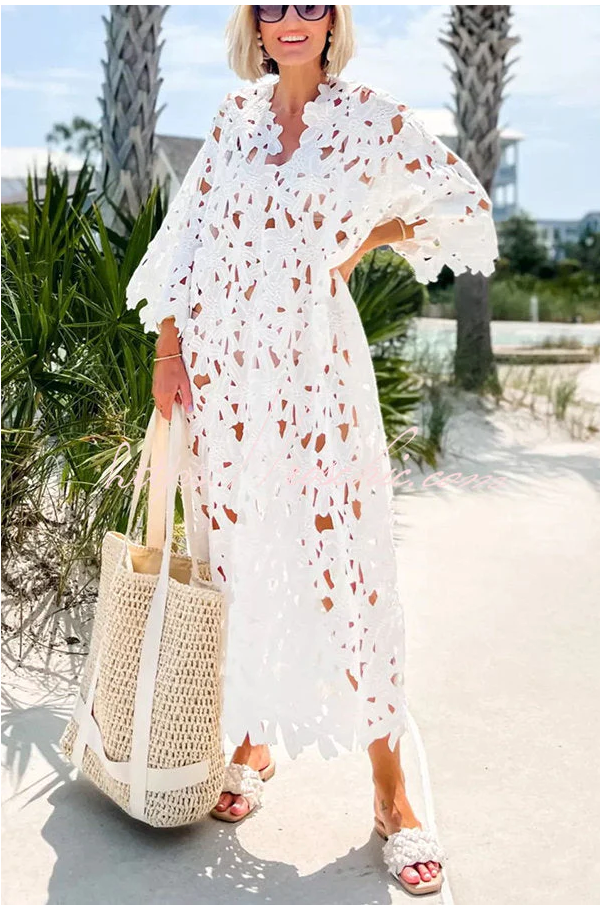 Robe de plage mi-longue à imprimé floral et dentelle à œillets « I Belong Here »