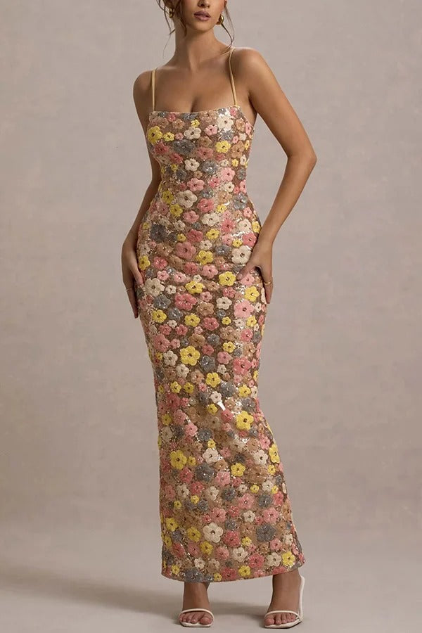 Robe longue extensible à imprimé floral et sequins, col carré, inspirée des années 80