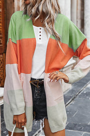 Contrasting rainbow paneled striped long cardigan sweater with pockets