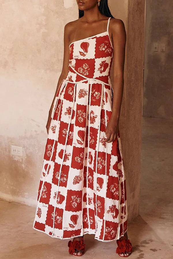 Robe longue évasée asymétrique à imprimé unique en lin mélangé Kyoho avec bordures Ric Rac 