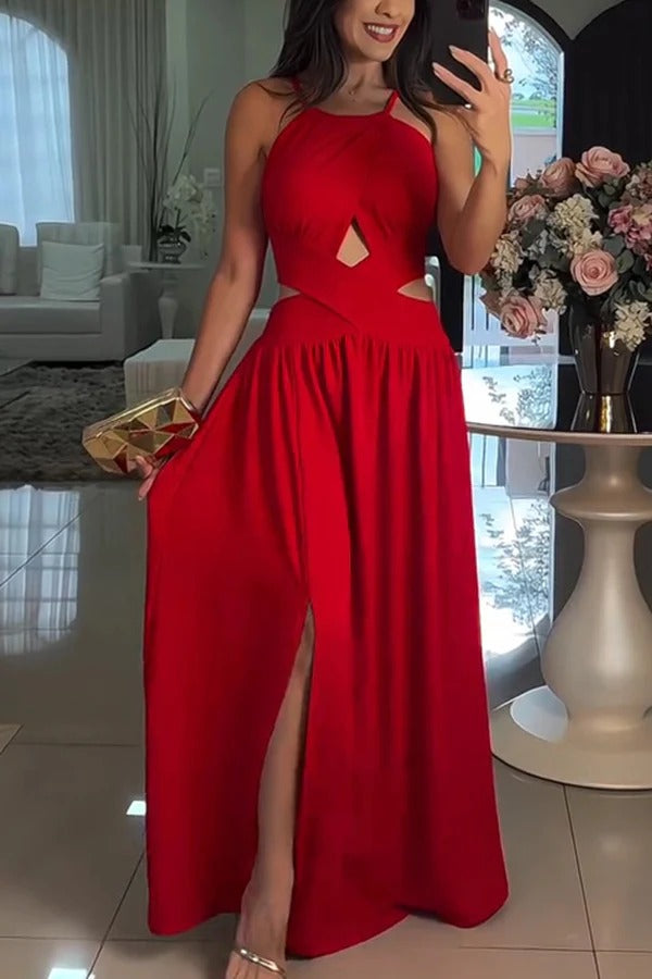 Robe longue dos nu sexy à nouer croisé de couleur unie