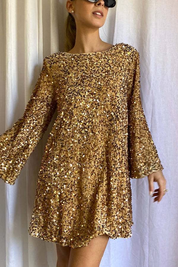 Dance All Night – Lockeres Minikleid mit Pailletten und Schleife am Rücken