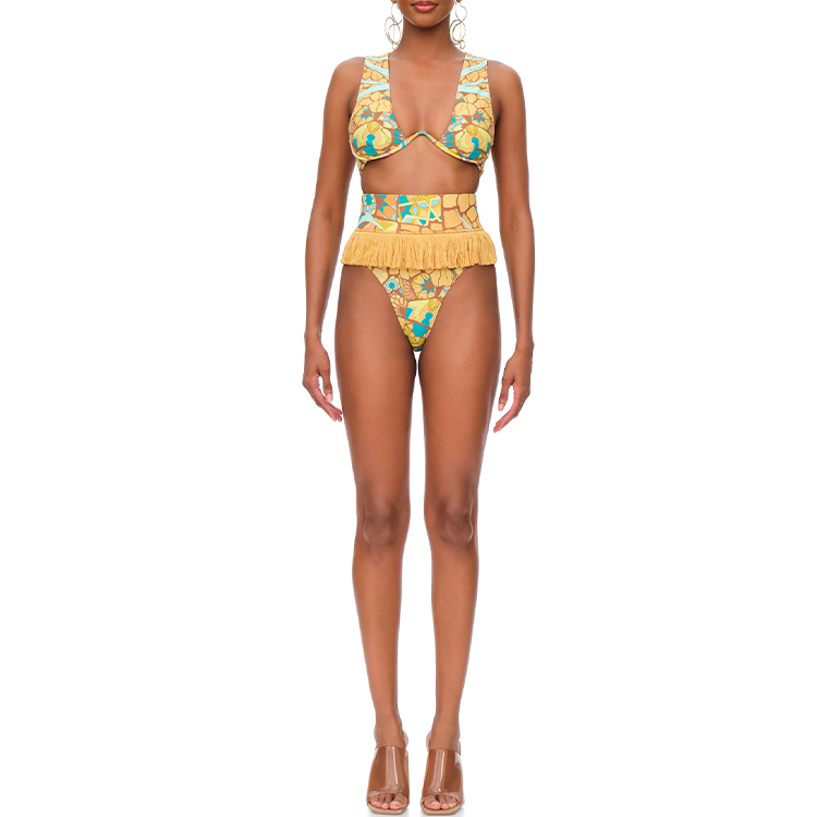 Maillot de bain bikini à imprimé opulent et cape à pompons 