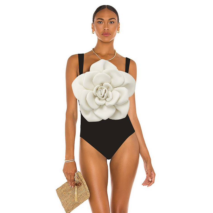 Maillot de bain une pièce et jupe noir et blanc à fleurs 3D 