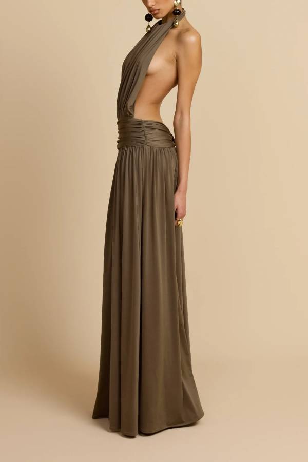 Confident Moments Halter Neck Ruched Waist Backless Maxi Dress