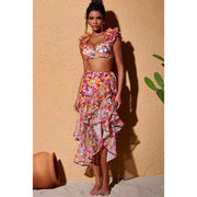 Double Layer Ruffled Shoulder Straps Flower Print Bikini Swimsuit and Sarong