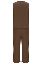 Mchoice Women's Summer Outfits Fashion V-neck Solid Color Sleeveless Tops and Loose Pocket Pants Suit