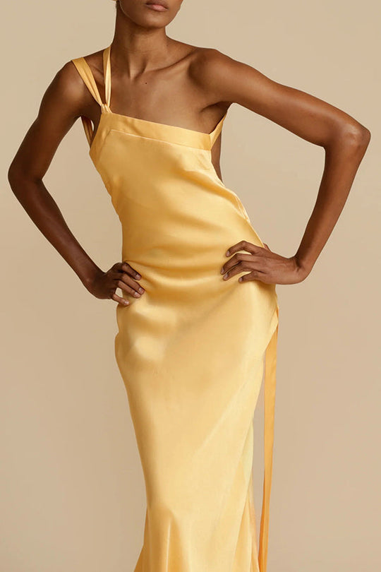 Moonlit Soiree Satin Asymmetrical One Shoulder Backless Strap Maxi Dress