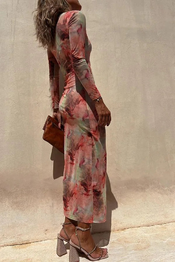 Charm Lady Mesh-Overlay Tie-Dye-Print Langärmliges, gerüschtes Stretch-Midikleid 
