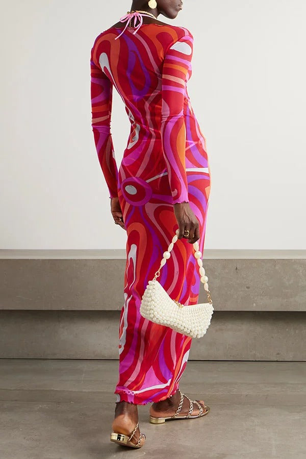 Junea Satin Polka Dot Unique Print Ring Halter Slit Midi Top and Elastic Waist Pocket Pants Set