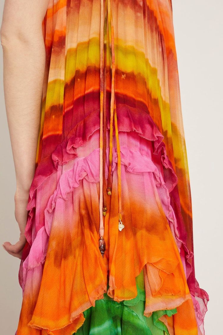 Robe longue trapèze Rosha en crêpe georgette à imprimé tie-dye et volants superposés