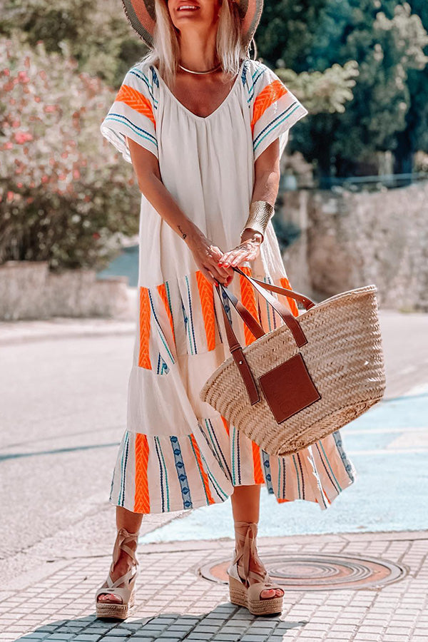 Summer loose casual dress with v-neck short sleeves in Formentera