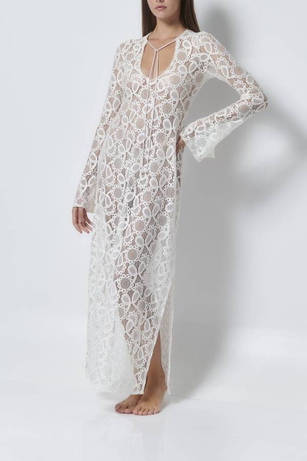 Robe longue fendue à manches longues en dentelle florale motif coucher de soleil Santorini 