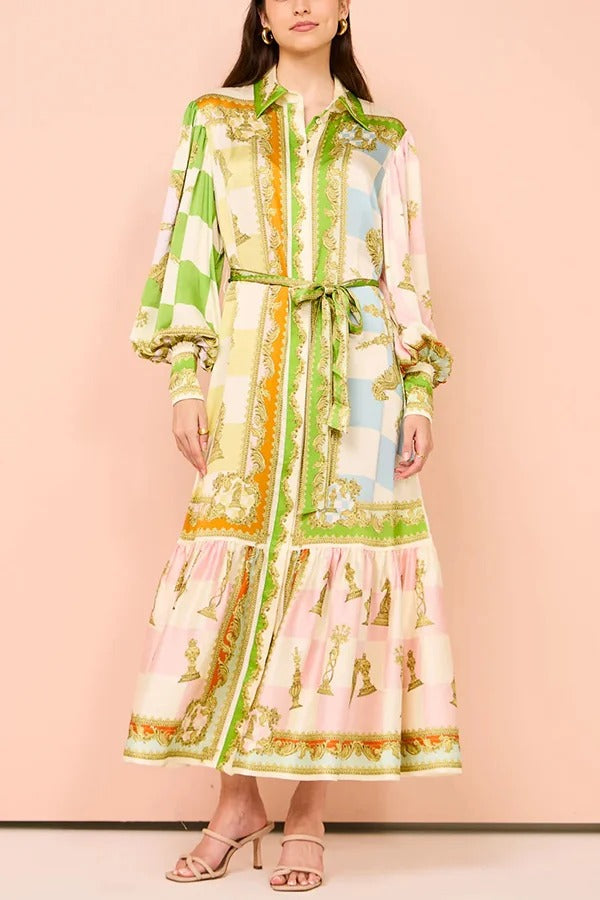 Robe longue en satin Garden Party à imprimé unique, manches ballon, ceinture et chemise