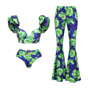 Blue Green Rose Big Ruffle Contrast Print Bikini Swimsuit and Skirt