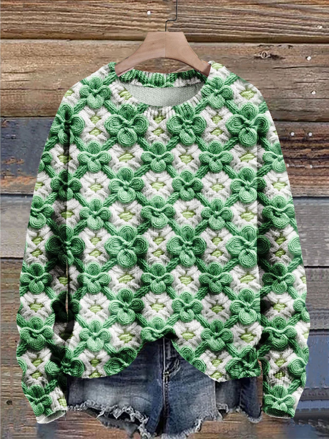 St. Patrick's Day Shamrock Four Leaf Clover Art Print Knit Pullover Sweater