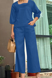 Loose solid color long sleeved top wide leg pants set