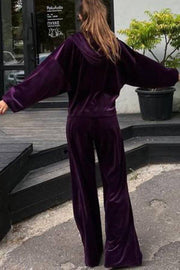 Velvet Casual Zip-up Hooded Top and Elastic Waist Wide Leg Pants Set