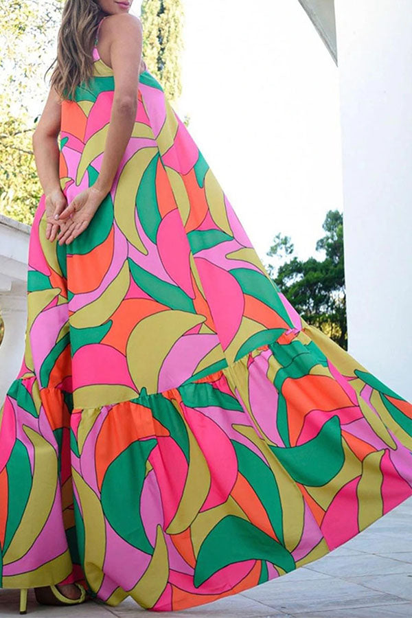 Multicolor Geometric Colorblock V Neck Tiered Maxi Dress