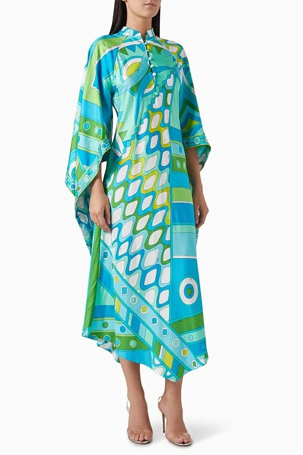 Narah Satin Unique Print Stand Neck Buttons Butterfly Sleeves Kaftan Maxi Dress