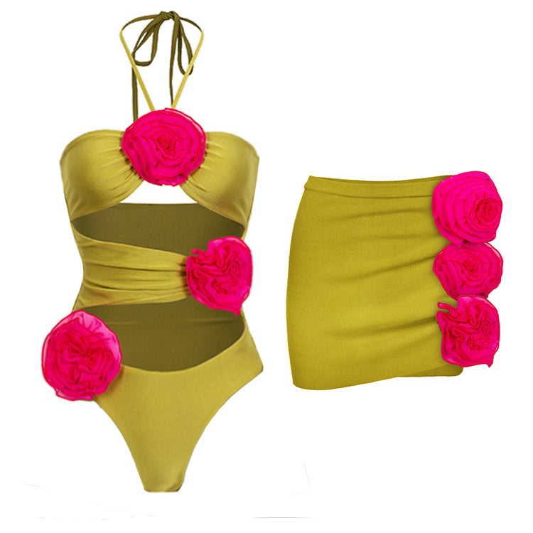 Einteiliger Badeanzug und Rock mit Farbblock und 3D-Blumen 