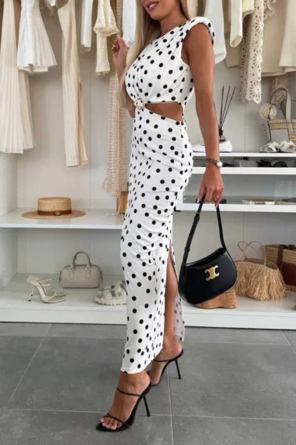 Robe longue extensible Roxane à imprimé pois et épaulettes, découpes en métal et fente à la taille