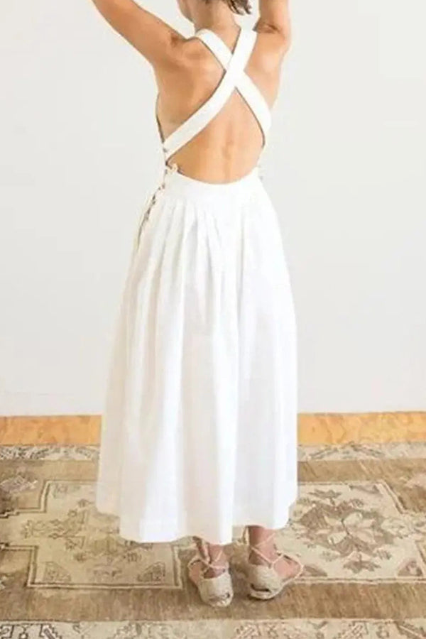 Summer Bare Back Sleeveless Pleated Linen Dress